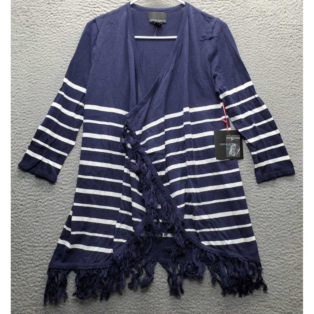 Cynthia Rowley Cardigan Womens Medium Multi Striped Fringe Hem Draped Open Front